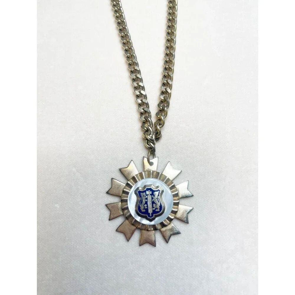 Vintage Fraternal Pendant Necklace Blue Crest Heraldic Lion Crest Medal Silver